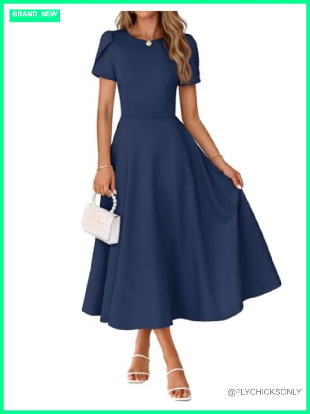 Elegant A-Line Midi Dress with Pockets - Short Sleeve Formal